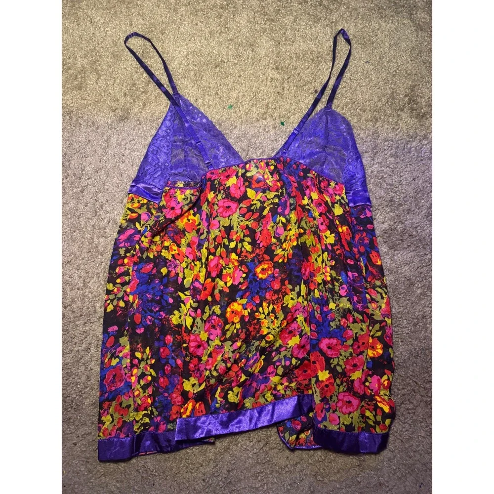 Purple Floral Lace‎ Babydoll Chemise Lingerie Sheer Front Tie Sleepwear Top